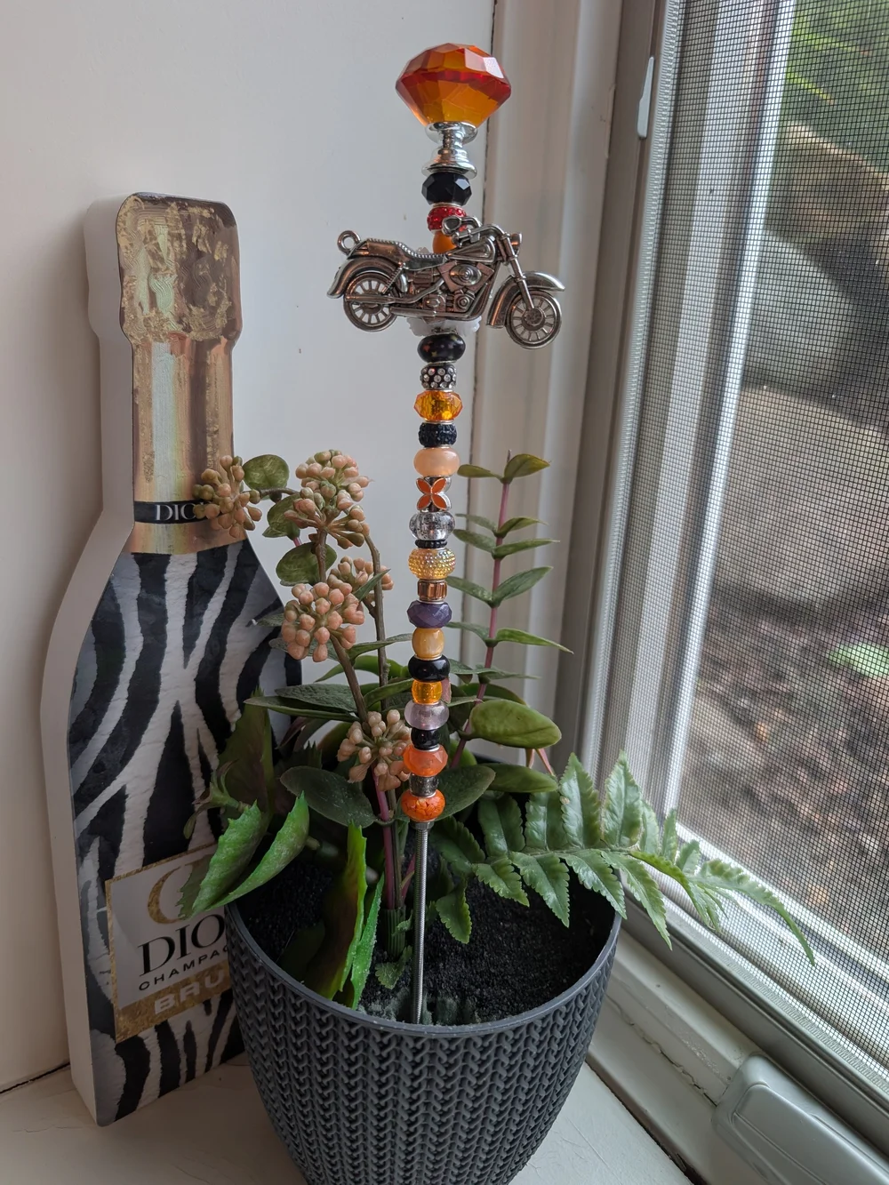 HandMade Fairy Wand/Plant/Garden Stake W/Orange Glass Knob Topper & Motorcycle🏍